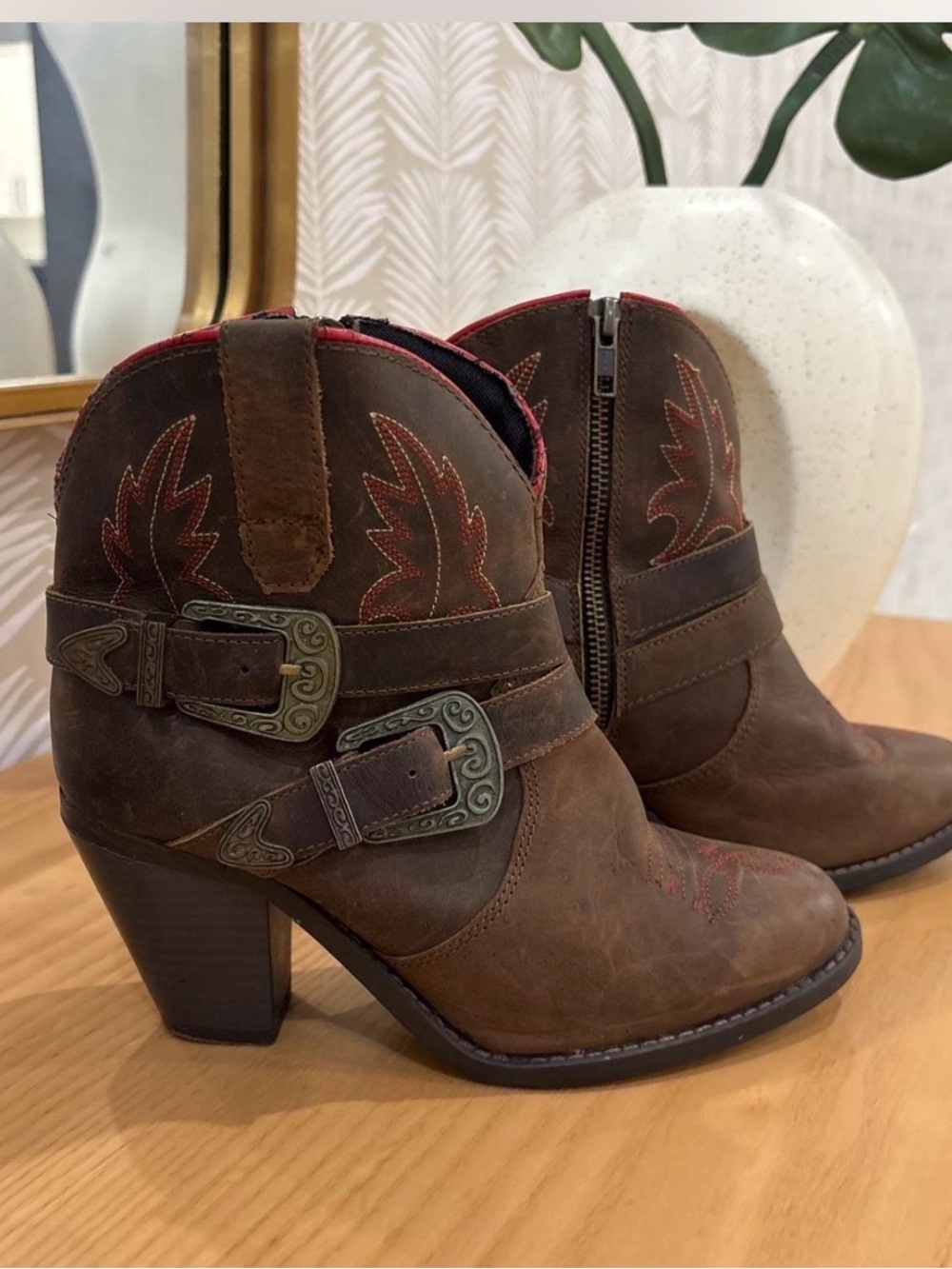 dingo Brown Western Buckle Ankle Booties with Red Stitching